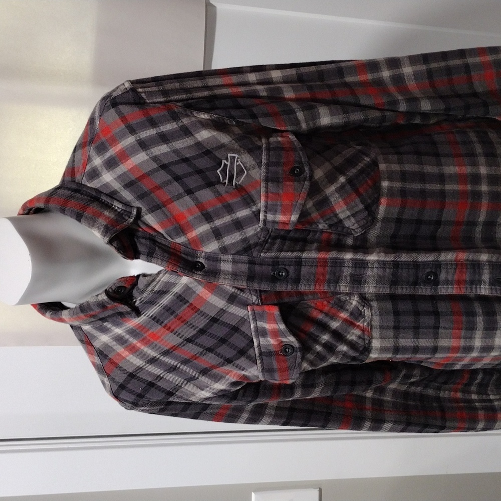 Harley Davidson mens red, white, grey and black plaid cotton shirt. Large